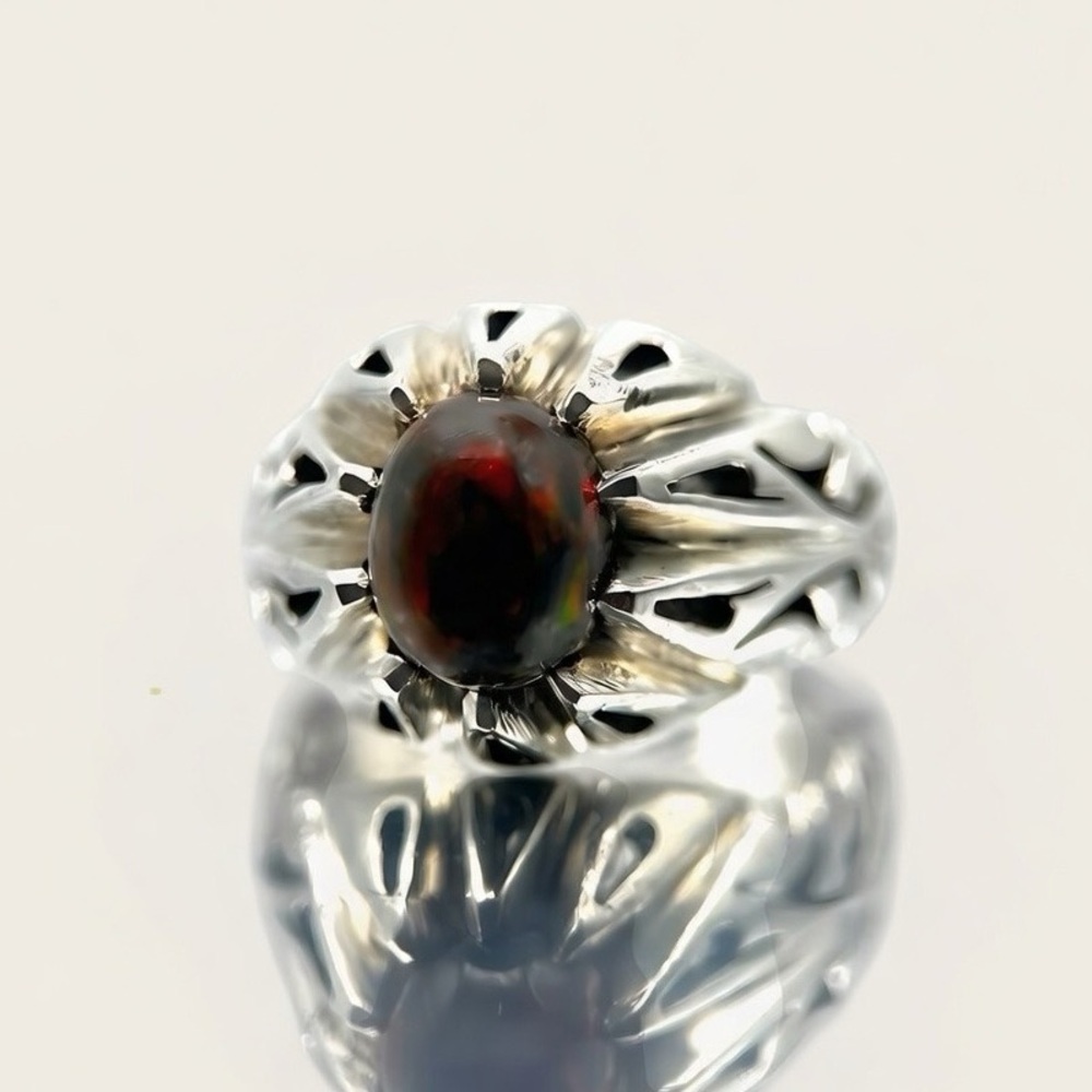 Natural Black Fire Opal 925 Sterling Silver Ring